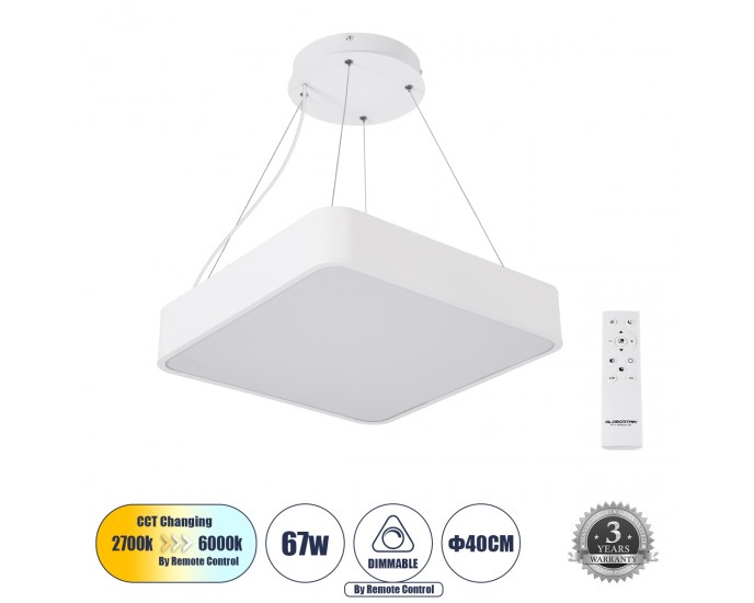 GloboStar® KAMALA 61207-P Κρεμαστή Πλαφονιέρα Οροφής LED CCT 67W 7370lm 120° AC 220-240V - Εναλλαγή Φωτισμού μέσω Τηλεχειριστηρίου All In One Ψυχρό 6000k+Φυσικό 4500k+Θερμό 2700k Dimmable Μ40 x Π40 x Υ8cm - Λευκό - 3 Years Warranty