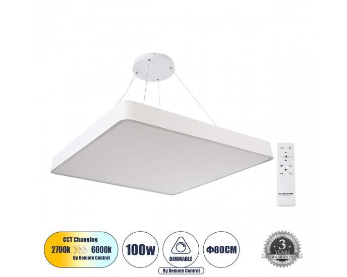 GloboStar® KAMALA 61211-P Κρεμαστή Πλαφονιέρα Οροφής LED CCT 100W 11020lm 120° AC 220-240V - Εναλλαγή Φωτισμού μέσω Τηλεχειριστηρίου All In One Ψυχρό 6000k+Φυσικό 4500k+Θερμό 2700k Dimmable Μ80 x Π80 x Υ8cm - Λευκό - 3 Years Warranty