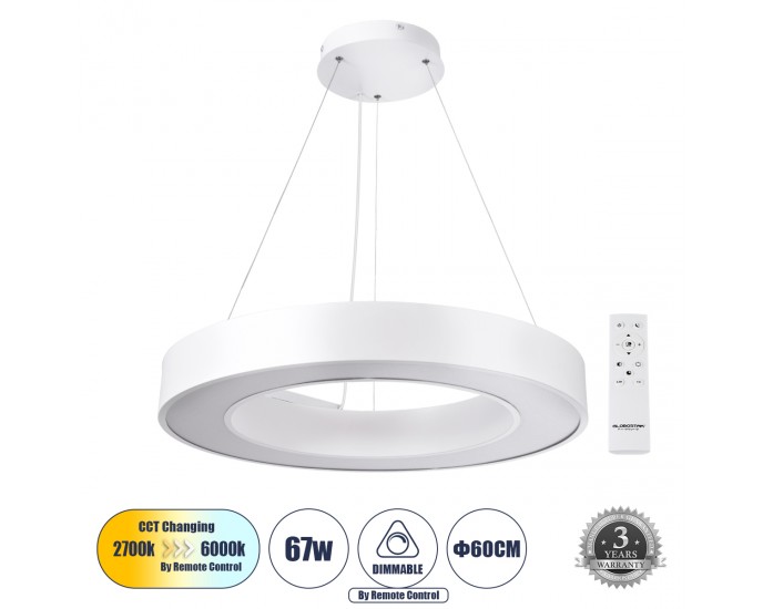 GloboStar® RA 61195 Κρεμαστό Φωτιστικό Δαχτυλίδι-Κύκλος LED CCT 67W 7370lm 120° AC 220-240V - Εναλλαγή Φωτισμού μέσω Τηλεχειριστηρίου All In One Ψυχρό 6000k+Φυσικό 4500k+Θερμό 2700k Dimmable Φ60cm - Λευκό- 3 Years Warranty ΟΡΟΦΗΣ