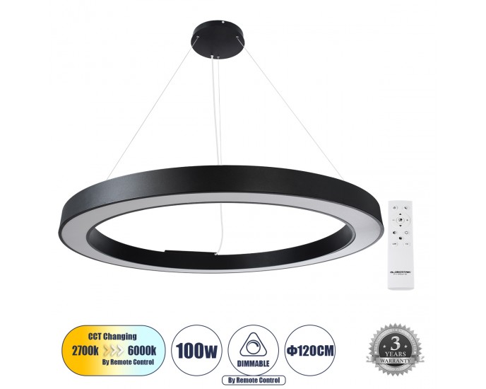 GloboStar® RA 61198 Κρεμαστό Φωτιστικό Δαχτυλίδι-Κύκλος LED CCT 100W 11020lm 120° AC 220-240V - Εναλλαγή Φωτισμού μέσω Τηλεχειριστηρίου All In One Ψυχρό 6000k+Φυσικό 4500k+Θερμό 2700k Dimmable Φ120cm - Μαύρο - 3 Years Warranty ΟΡΟΦΗΣ