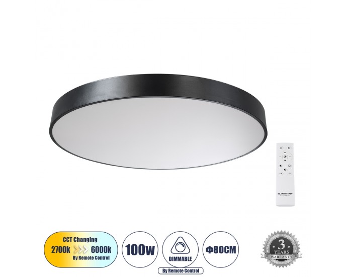 GloboStar® BURTON 61204-S Πλαφονιέρα Οροφής LED CCT 100W 11020lm 120° AC 220-240V - Εναλλαγή Φωτισμού μέσω Τηλεχειριστηρίου All In One Ψυχρό 6000k+Φυσικό 4500k+Θερμό 2700k Dimmable Φ80cm - Μαύρο - 3 Years Warranty