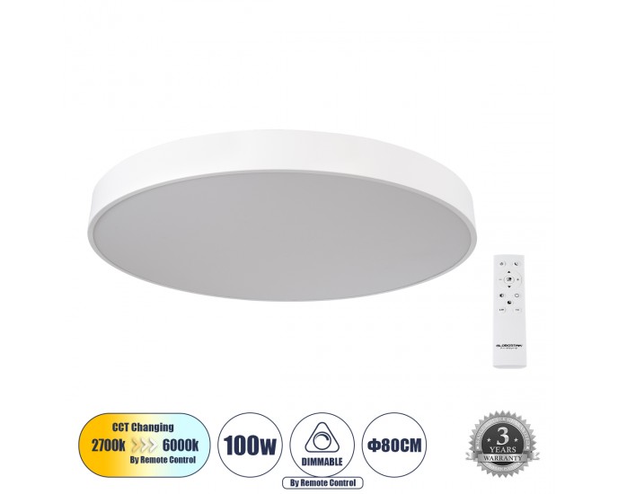 GloboStar® BURTON 61205-S Πλαφονιέρα Οροφής LED CCT 100W 11020lm 120° AC 220-240V - Εναλλαγή Φωτισμού μέσω Τηλεχειριστηρίου All In One Ψυχρό 6000k+Φυσικό 4500k+Θερμό 2700k Dimmable Φ80cm - Λευκό - 3 Years Warranty