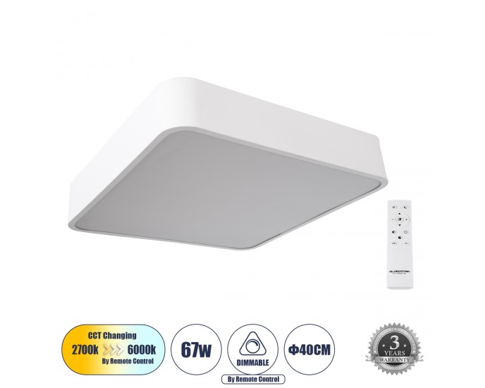 GloboStar® KAMALA 61207-S Πλαφονιέρα Οροφής LED CCT 67W 7370lm 120° AC 220-240V - Εναλλαγή Φωτισμού μέσω Τηλεχειριστηρίου All In One Ψυχρό 6000k+Φυσικό 4500k+Θερμό 2700k Dimmable Μ40 x Π40 x Υ8cm - Λευκό - 3 Years Warranty