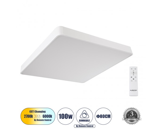 GloboStar® KAMALA 61211-S Πλαφονιέρα Οροφής LED CCT 100W 11020lm 120° AC 220-240V - Εναλλαγή Φωτισμού μέσω Τηλεχειριστηρίου All In One Ψυχρό 6000k+Φυσικό 4500k+Θερμό 2700k Dimmable Μ80 x Π80 x Υ8cm - Λευκό - 3 Years Warranty