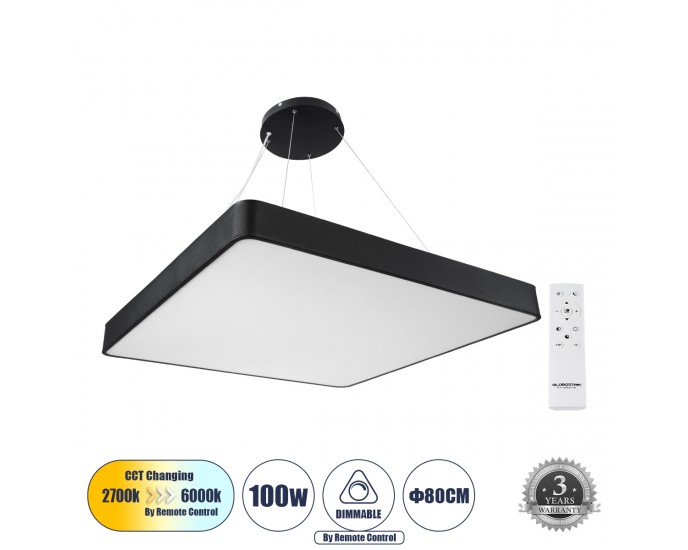 GloboStar® KAMALA 61210-P Κρεμαστή Πλαφονιέρα Οροφής LED CCT 100W 11020lm 120° AC 220-240V - Εναλλαγή Φωτισμού μέσω Τηλεχειριστηρίου All In One Ψυχρό 6000k+Φυσικό 4500k+Θερμό 2700k Dimmable Μ80 x Π80 x Υ8cm- Μαύρο - 3 Years Warranty