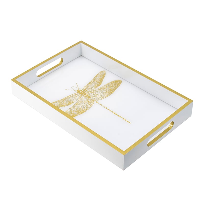 Artekko Dragonfly Tray Δίσκος Διακοσμητικός MDF Ακρυλικό Λευκό Χρυσό (40x26x5)cm