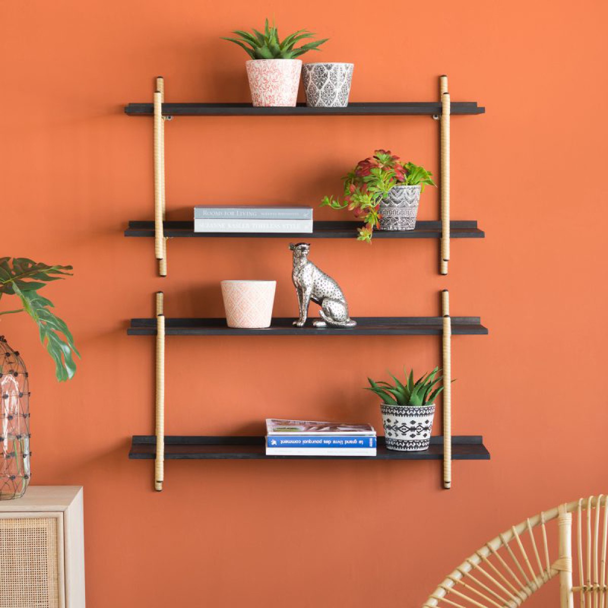 Artekko Shelf Ραφιέρα Επιτοίχια με 2 Ράφια Μέταλλο Ξύλο Ρατάν Μαύρο (92x25x52)cm