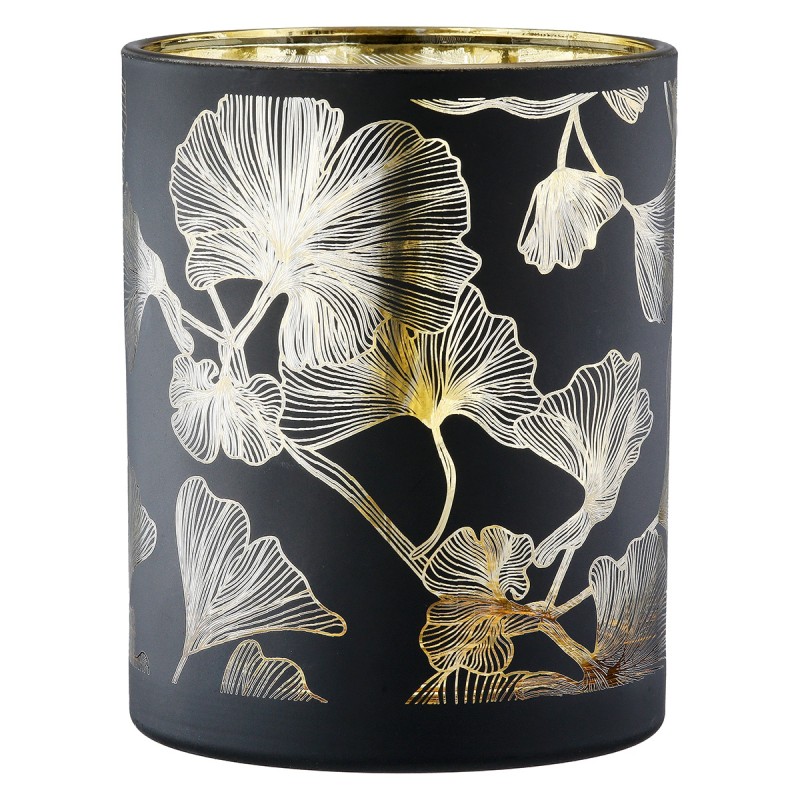 Φανάρι Καταιγίδας Cylindrical "Ginkgo" Ginkgo Motif Γυάλινο Μαύρο PU 18 H. cm D. 7 cm