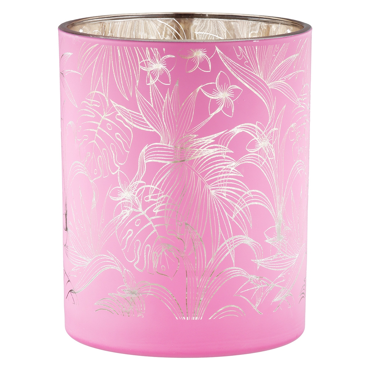 Φανάρι Καταιγίδας Cylindrical "Tropic" Leaf Motif Γυάλινο Πράσινο Pink PU 18 Pcs. Assorted H. cm D. 7 cm