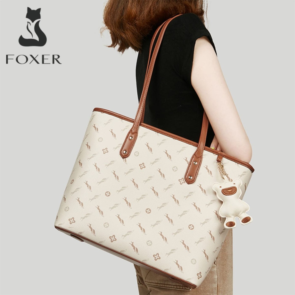 Δερμάτινη Γυναικεία Τσάντα PVC Shopper &#039;Ωμου Foxer 900535F μπέζ/καφέ