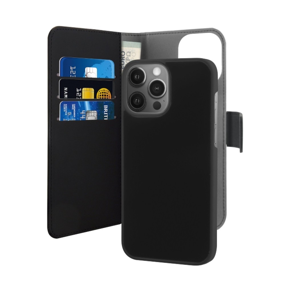 Puro Eco-Leather Case for iPhone 13 Pro Max W/horiz.flip+3 Card Slot+Banknote Pocket+Magn Cover Blac