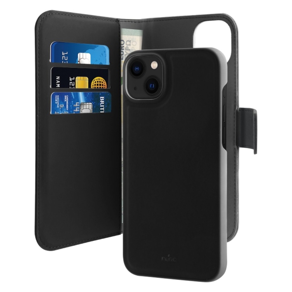 Puro Eco-Leather Case for iPhone 14 Plus W/horiz.flip+3 Card Slot+Banknote Pocket+Magn Cover Black