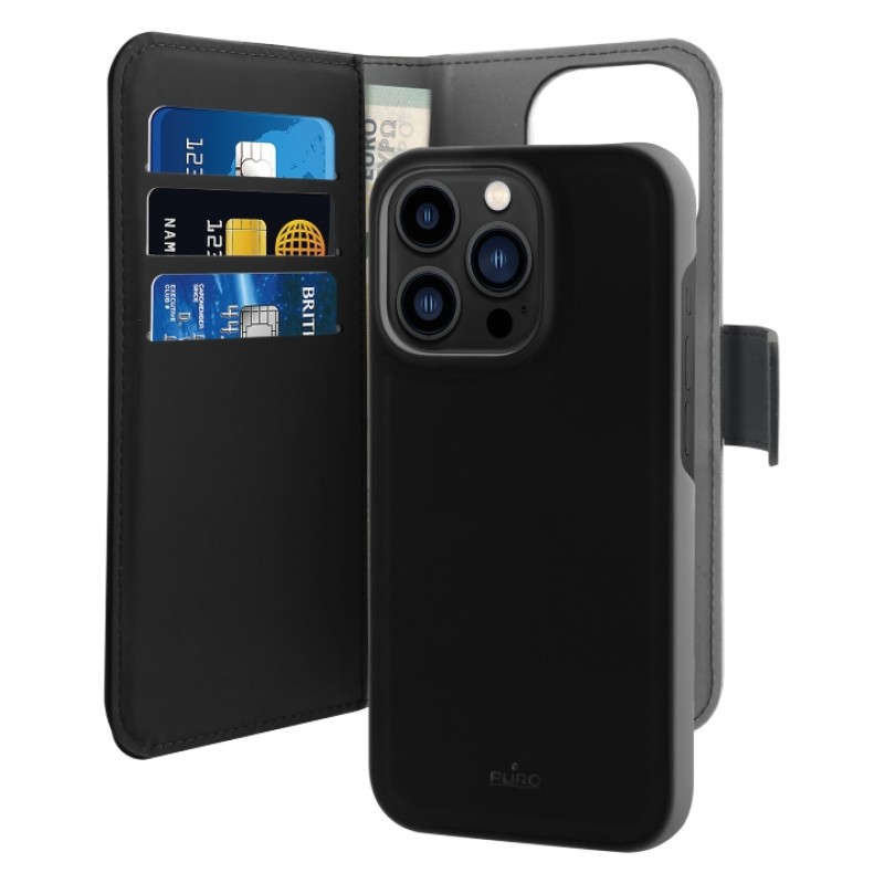 Puro Eco-Leather Case for iPhone 14 Pro W/horiz.flip+3 Card Slot+Banknote Pocket+Magn Cover Black