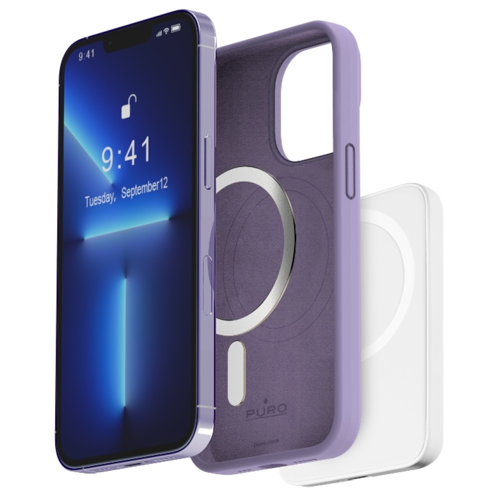 Puro 'ICON MAG' liquid silicon case with integrated magnets for iPhone 14 Pro, lavender