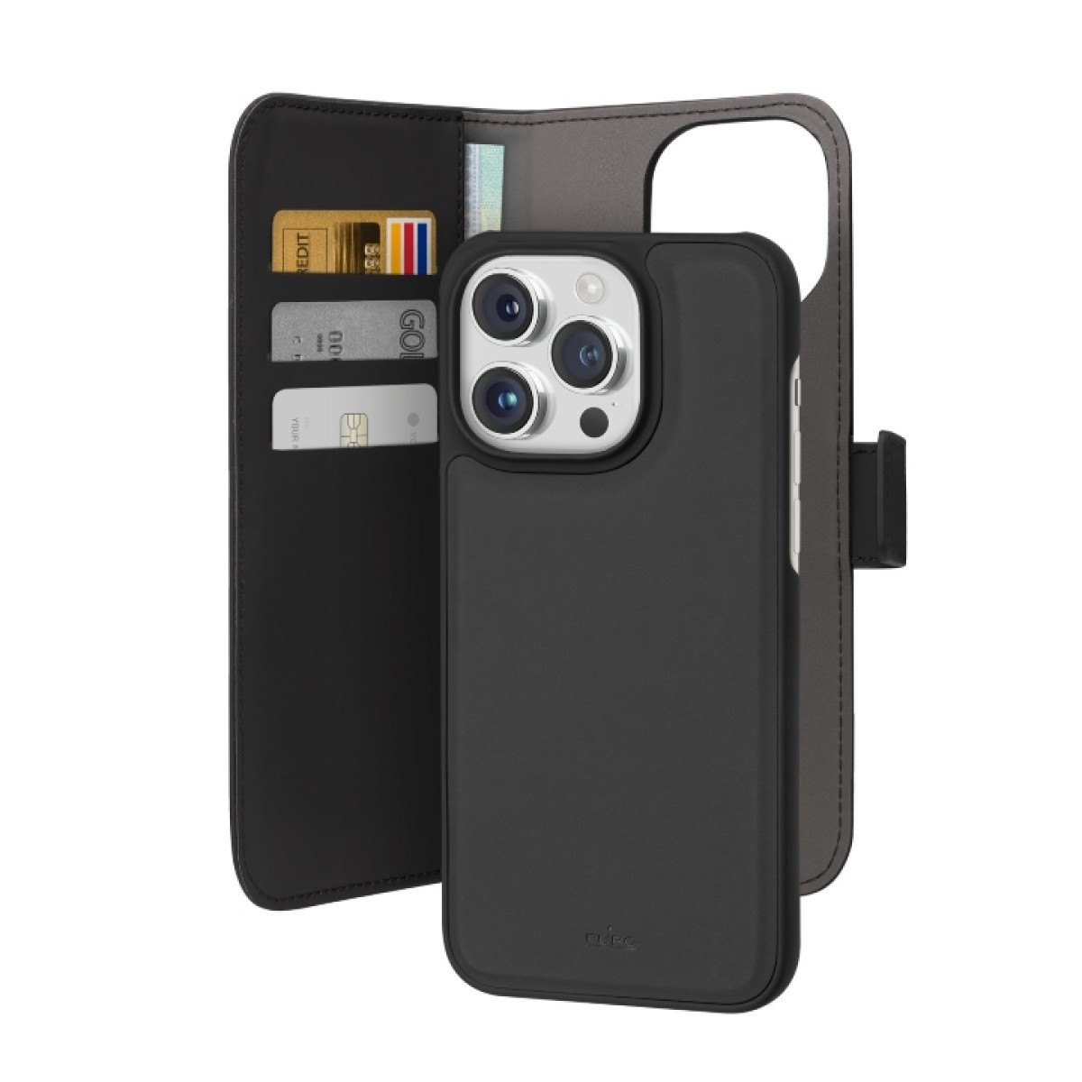 Puro Eco-leather detachable wallet case for iPhone 15 Plus, black