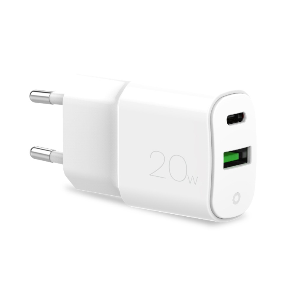 Puro White Fast Charger Power Delivery Mini Travel Charger 1 USB-C + 1 USB-A, 20W White