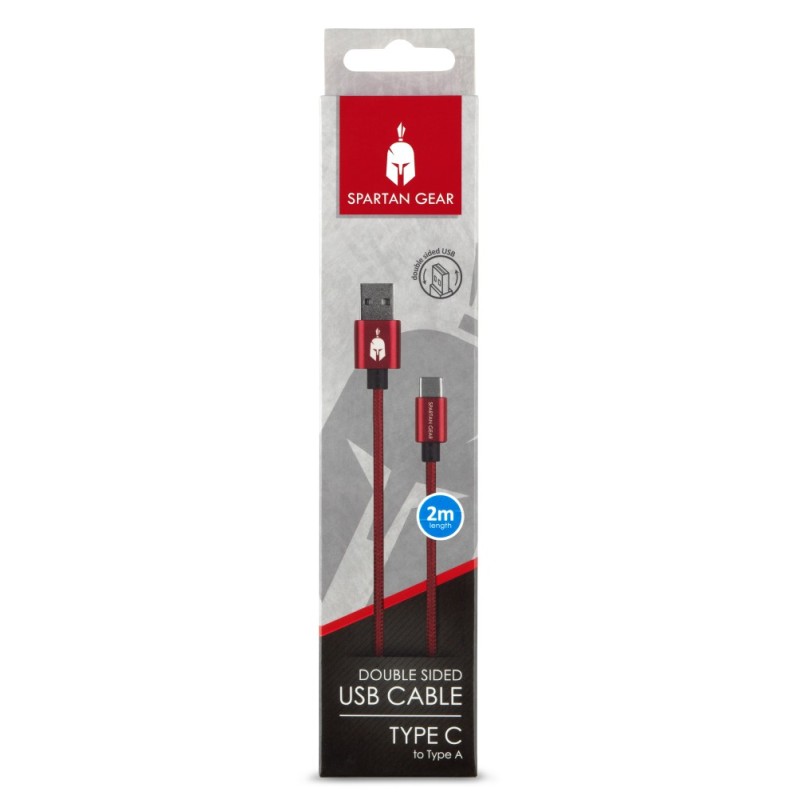 Spartan Gear - Double Sided USB Cable (Type C) (length: 2m - compatible with playstation 5, xbox series x/s, tablet, mobile) (colour: Red)