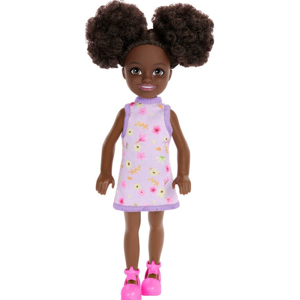 Mattel Barbie: Chelsea with Purple Floral Dress, Space Buns &amp; Brown Eyes (Dark Skin) Doll (HXM96)