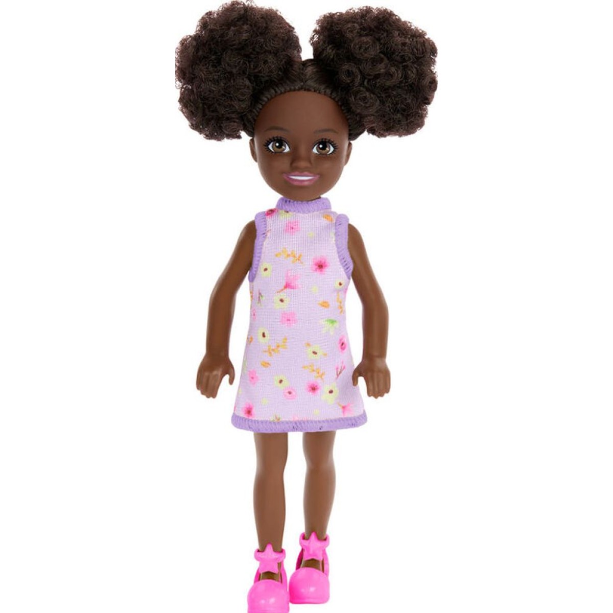 Mattel Barbie: Chelsea with Purple Floral Dress, Space Buns  Brown Eyes (Dark Skin) Doll (HXM96)