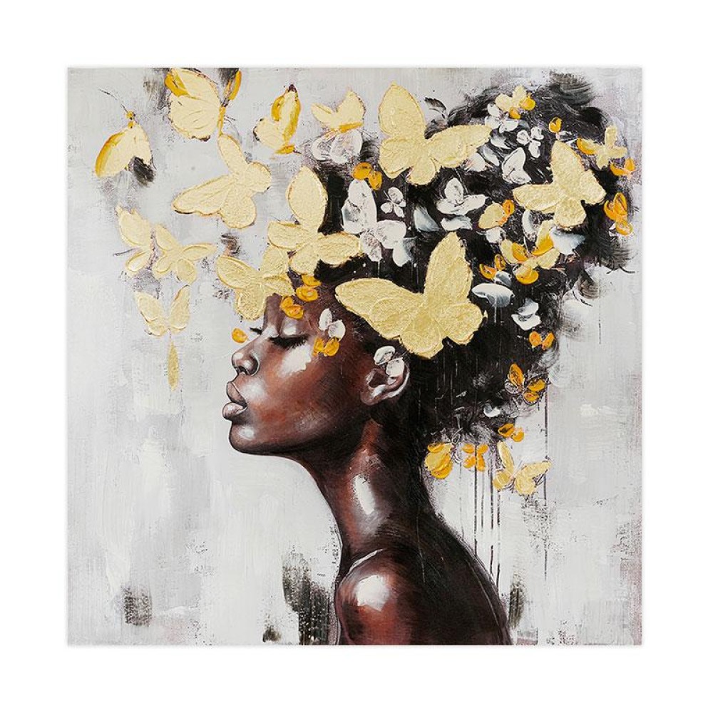 ΠΙΝΑΚΑΣ ΣΕ ΚΑΜΒΑ Fylliana "Woman with butterflies" ΚΑΦΕ-ΚΙΤΡΙΝΟ-ΜΑΥΡΟ-ΓΚΡΙ 100x3x100εκ