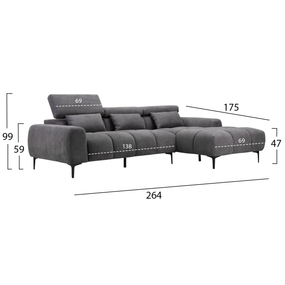 ΚΑΝΑΠΕΣ ΔΕΞΙΑ ΓΩΝΙΑ DIVYA HM3267.02R ΣΥΝΘ.SUEDE ΓΚΡΙ 264x175x99Υεκ.