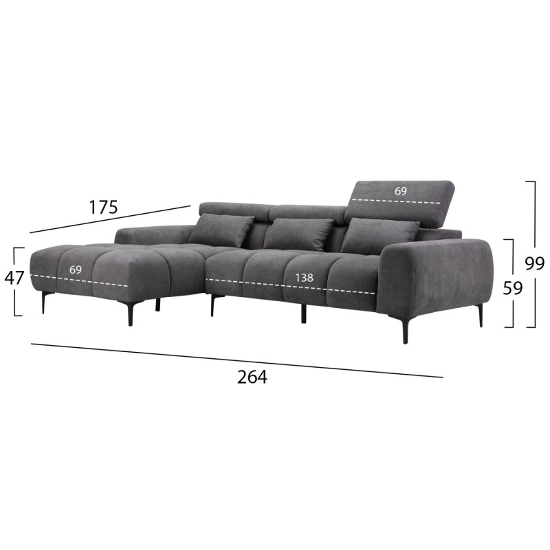 ΚΑΝΑΠΕΣ ΑΡΙΣΤΕΡΗ ΓΩΝΙΑ DIVYA HM3267.02L ΣΥΝΘ.SUEDE ΓΚΡΙ 264x175x99Υεκ.