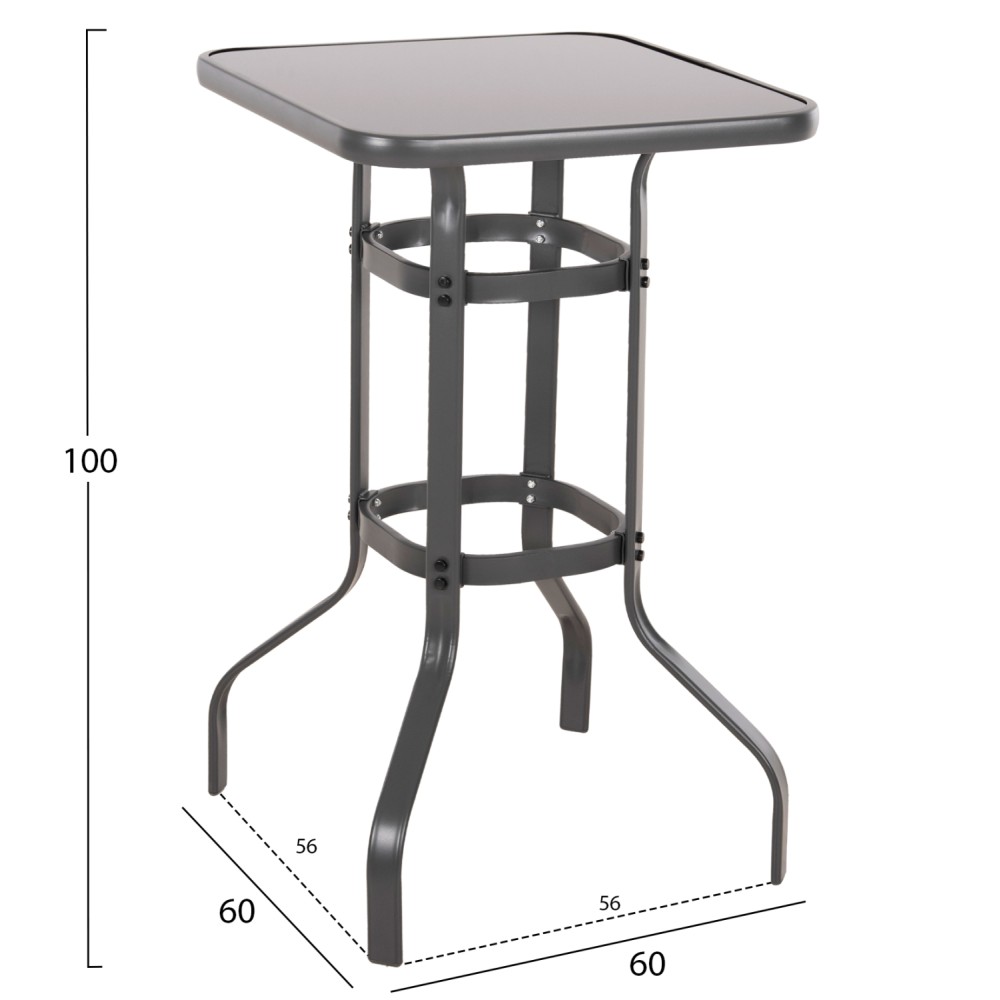 ΤΡΑΠΕΖΙ ΜΠΑΡ ΤΕΤΡΑΓΩΝΟ FIGGY HM6066.01 ΜΕΤΑΛΛΙΚΟ ΓΚΡΙ-ΓΥΑΛΙ ΑΣΦΑΛΕΙΑΣ 60x60x100Υεκ