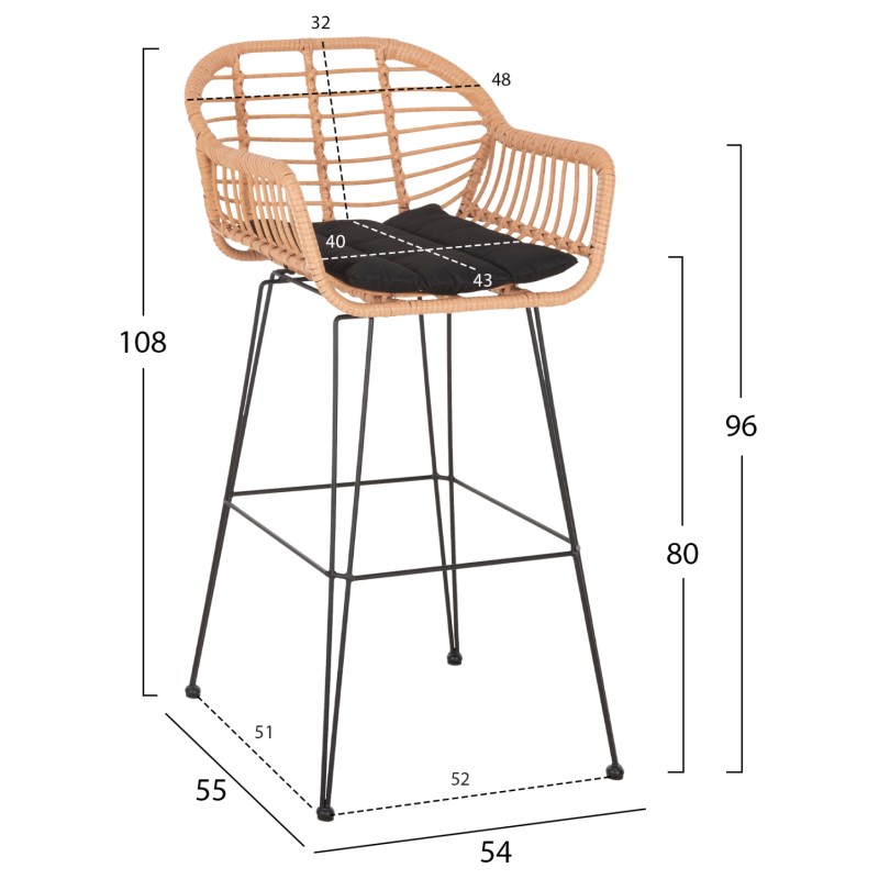 ΣΚΑΜΠΟ ΜΠΑΡ ΨΗΛΟ ALLEGRA HM5640.11 ΜΠΕΖ P.E. RATTAN-ΜΑΥΡΟ ΜΕΤΑΛΛΟ 54x55x108Υεκ.