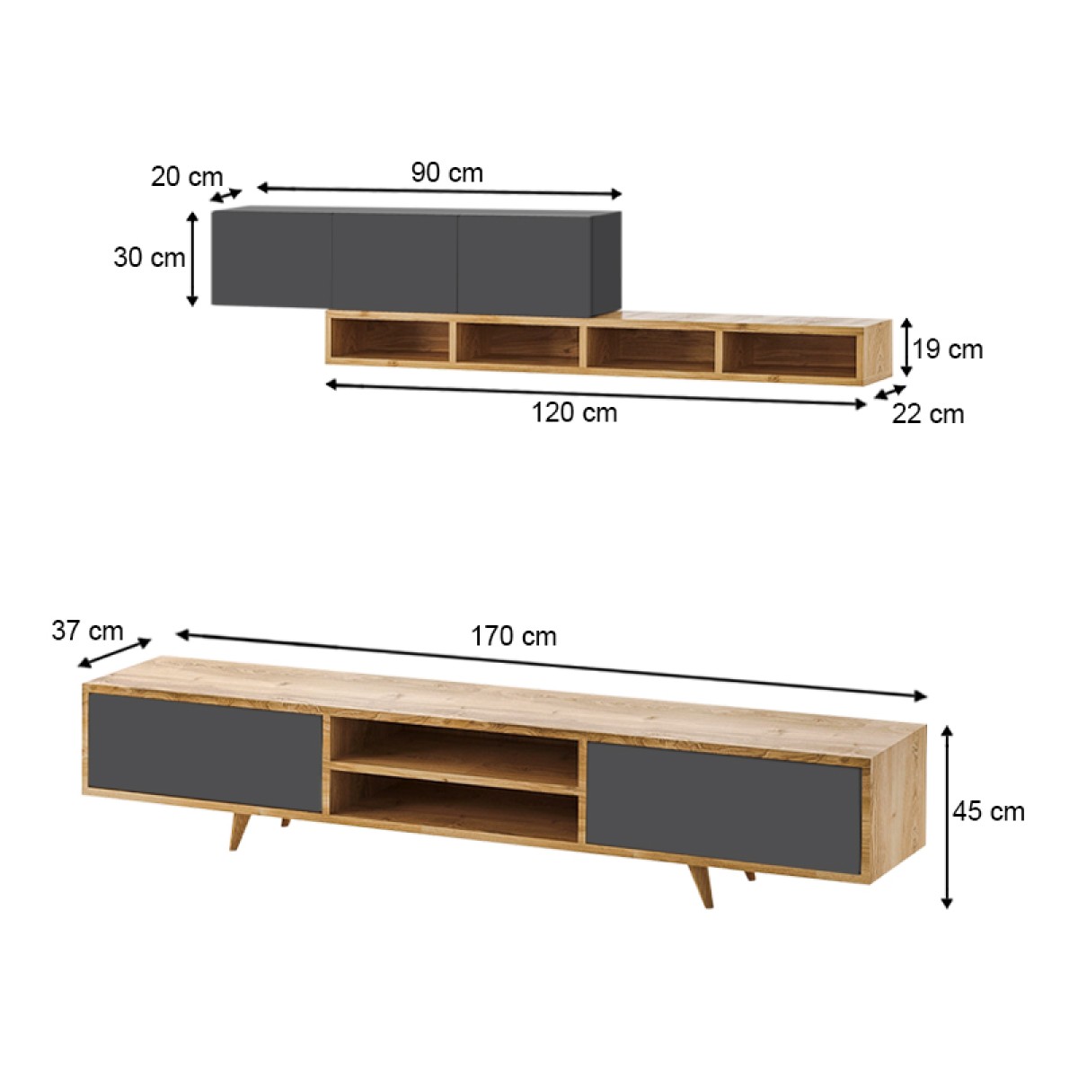 Σύνθεση τηλεόρασης Serine Megapap χρώμα sapphire oak - ανθρακί 170x37x45εκ.