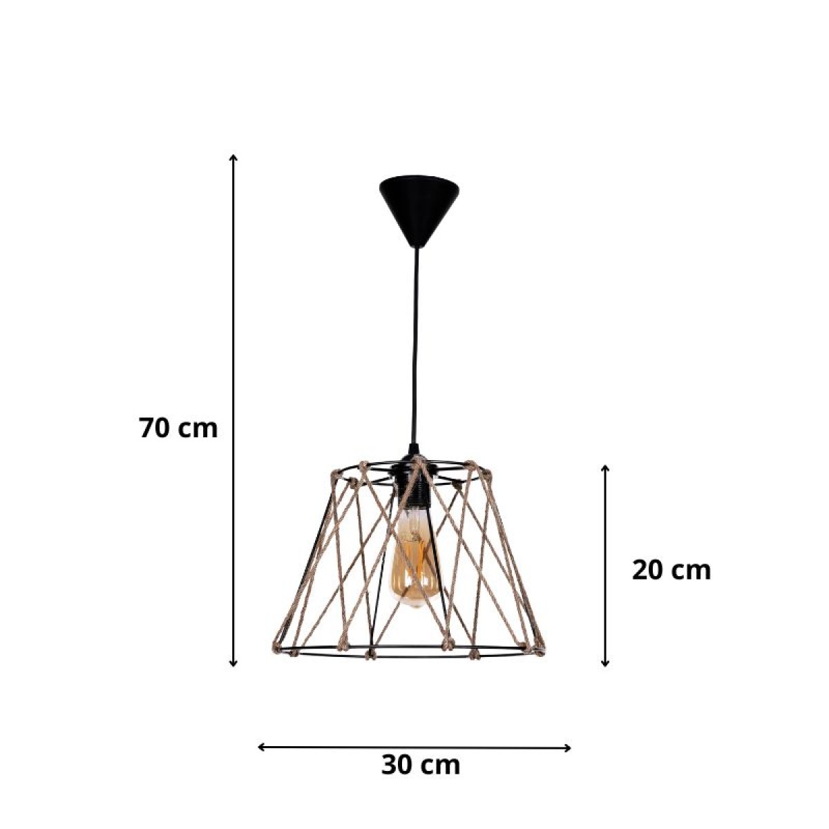 Φωτιστικό οροφής Andro Megapap E27 μεταλλικό - σχοινί μονόφωτο χρώμα μαύρο - φυσικό Ø30x70εκ.