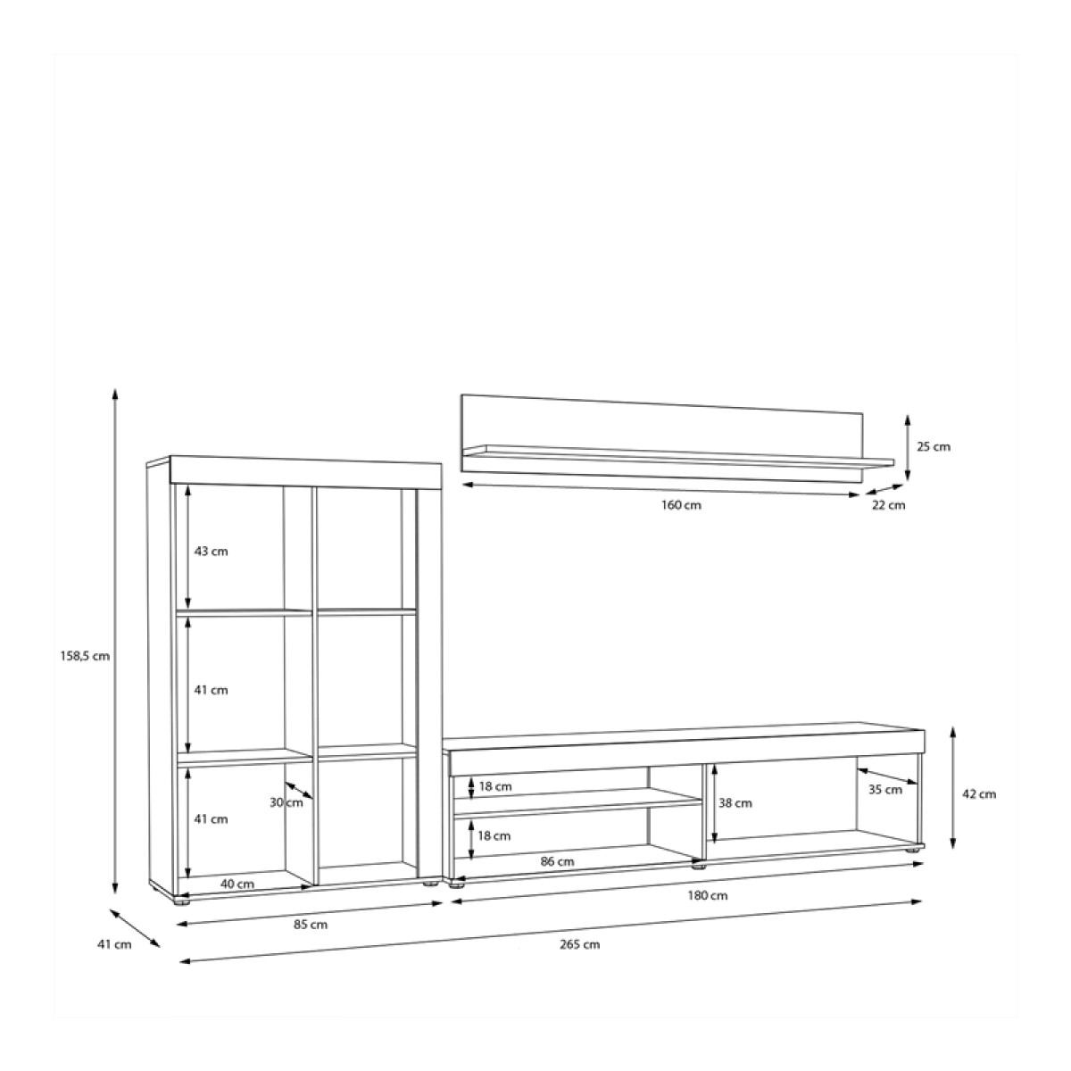 Σύνθετο σαλονιού Zorbi pakoworld λευκό-sonoma oak μελαμίνης 265x41x158.5εκ